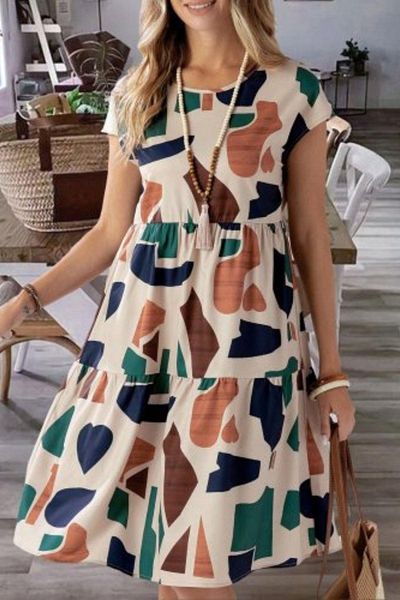 Mossta Crew Neck Ruffled Relaxed Cut Single Jersey Dress - Beige
