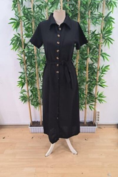 Mossta Μακρύ λινό φόρεμα με λεπτομέρεια με κουμπιά στη μέση - Μαύρο