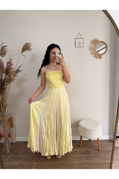 DUSOHOME Fusta maxi premium în două culori cu efect de zdrobire Textura șifonată Fusta galbenă Crem galben Culoare