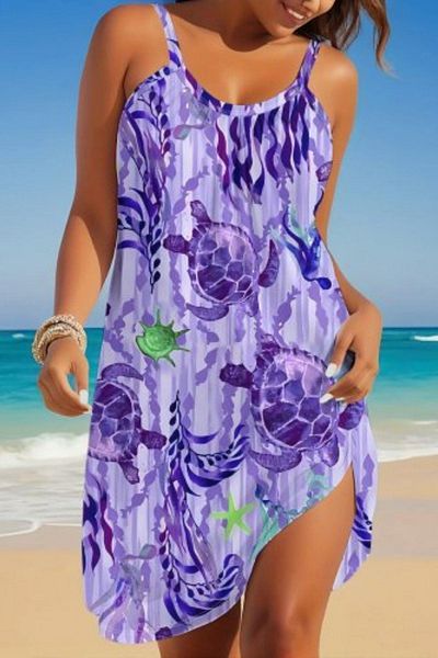 Mossta Patterned Single Jersey Dress with Strap - Purple