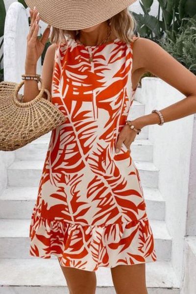Mossta Zero Sleeve Leaf Pattern Ruffle Detail Dress - Orange