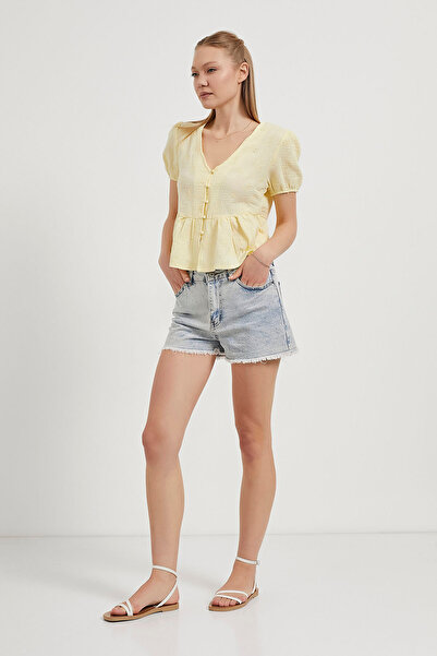 Arma Life Women's Buttoned Embroidered Short Muslin Yellow Crop Blouse