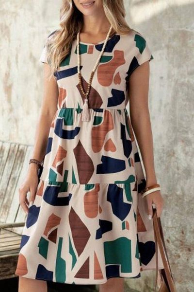 Mossta Crew Neck Ruffled Relaxed Cut Single Jersey Dress - Beige