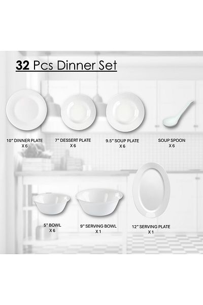 Houzi 32 Pcs Opal ware Dinner set Dinner, Soup & Dessert plate Bowls soup spoon Serving plate