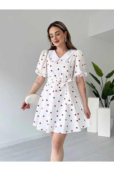 Lusin Women's Heart Patterned Lined Summer Poplin Mini Dress