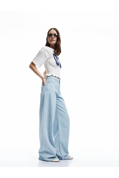 Koton İnji - Pantaloni de jeans pentru femei, cu detaliu de piatră, cu croiala largi, deschis, indigo 5sal40302md