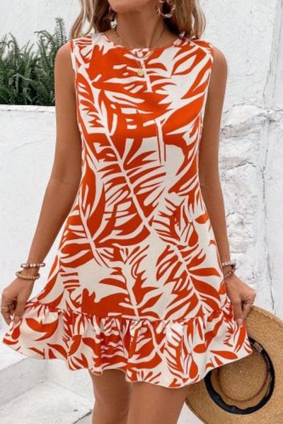 Mossta Zero Sleeve Leaf Pattern Ruffle Detail Dress - Orange