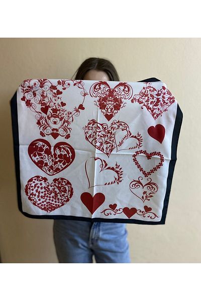sema aksesuar Women's Red White Heart Motif Bandana - Heart Scarf - Birthday, Lover Gift