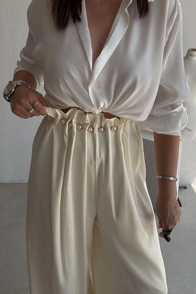 ELVAN TOLON Ecru Pearl Detailed Trousers