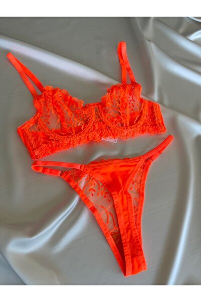 Pijamacs Neon Orange Floral Patterned Bralet Set Bra Set