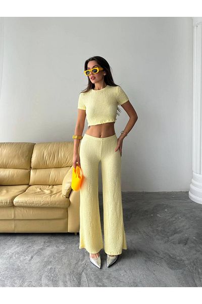 BE CHİC Women's High Waist Flexible Flare Pants and Cycling Collar Crop 2-Piece Set Tkm1000