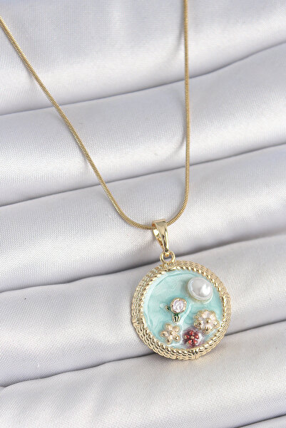 Skygo ieg ™   سلسلة من الفولاذ 316L بلون ذهبي مع زهرة من اللؤلؤ الأزرق المينا...