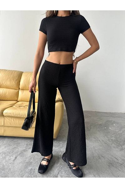 BE CHİC Women's High Waist Flexible Flare Pants and Cycling Collar Crop 2-Piece Set Tkm1000