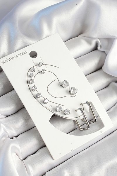 Clariss 316L Steel Rectangular Figure and Zircon Stone Silver Color 7-Piece Double Women's Earring Set - Tj-Bkp10638