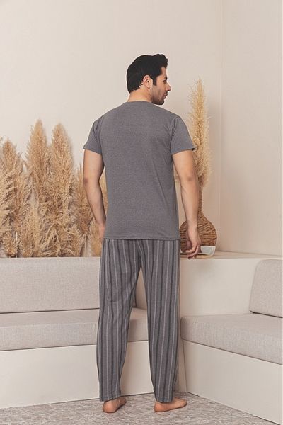 Huq Moda Ανδρικό κοντομάνικο καπνιστό ριγέ μοτίβο χτενισμένο βαμβακερό ύφασμα εποχιακό σετ πιτζάμες