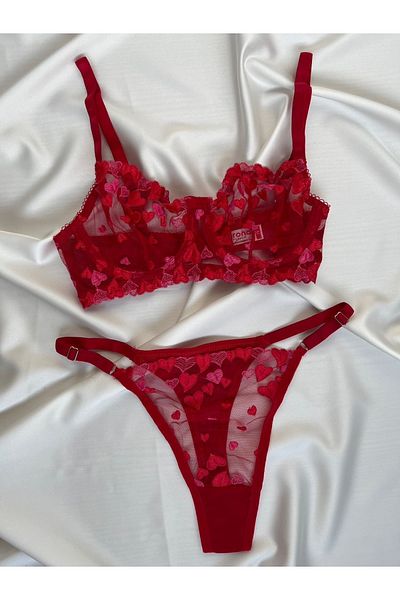 Pijamacs Red Heart Patterned Bralet Set Bra Set