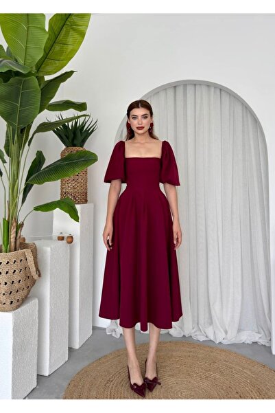 Afiş Butik Bordo Balon Kol Piliseli Midi Elbise