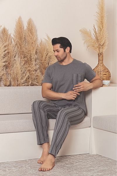 Huq Moda Ανδρικό κοντομάνικο καπνιστό ριγέ μοτίβο χτενισμένο βαμβακερό ύφασμα εποχιακό σετ πιτζάμες