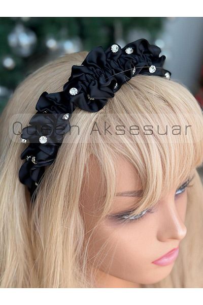 QUEEN AKSESUAR Trend Luxury Design Crystal Stone Gathered Ruffled Wide Satin Women's Crown Coffee Black Crown