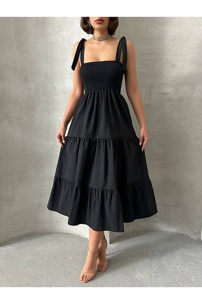 BE CHİC Women's Straped Giped Poplin Fabric Daily Daily Basic Sleeves Long Maxi Dress Gt4467