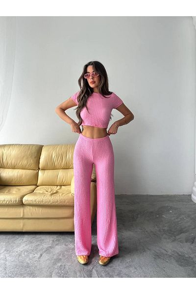 BE CHİC Women's High Waist Flexible Flare Pants and Cycling Collar Crop 2-Piece Set Tkm1000