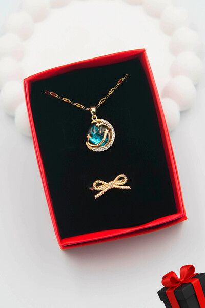 TREND COLLECTİON Kadın Paslanmaz Çelik Gold Zirkon Taşlı Gökyüzü Kolye Ve Fiyonk Yüzük Set