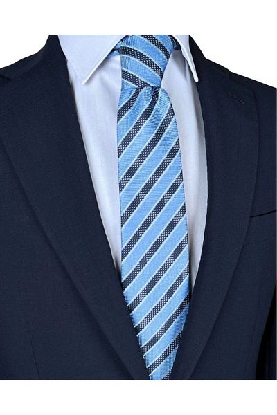 1001 Kravat Navy Blue Striped 8 cm Wide Classic Blue Tie