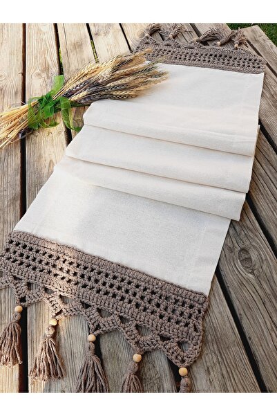 Goshıkı El Örgüsü Püsküllü Runner Açık Gri/Beyaz Makrome 35 cm X 150 cm