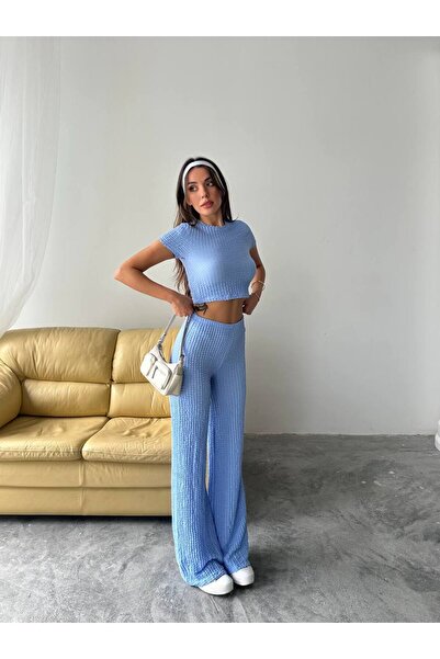 BE CHİC Women's High Waist Flexible Flare Pants and Cycling Collar Crop 2-Piece Set Tkm1000