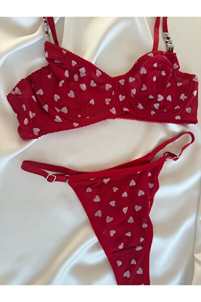 Pijamacs Transparent Detailed Red Heart Patterned Bralet Set Bra Set