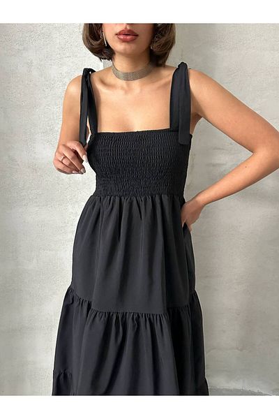 BE CHİC Women's Straped Giped Poplin Fabric Daily Daily Basic Sleeves Long Maxi Dress Gt4467