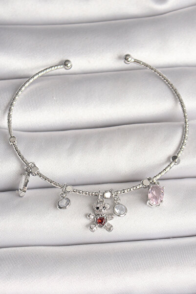 TJ Brass Silver Color Dangle Zircon Stone Teddy Bear Figure Red Stone Detail ...