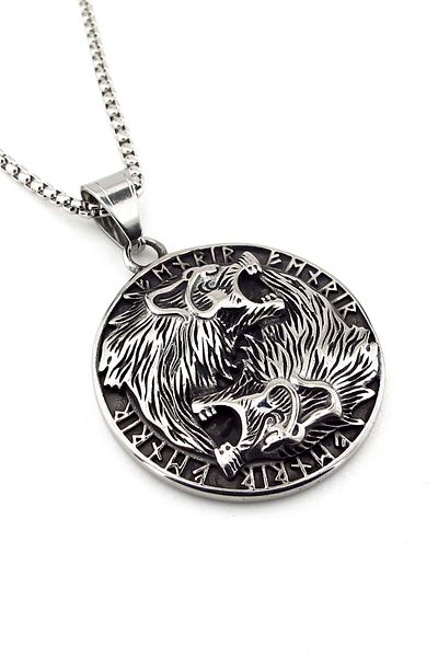 Solfera Viking Double Wolf Nordik Scandinavian Medallion Titanium Steel Men's Necklace Q0966