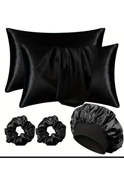 Tasarım Kıvırcık ve Düz Saçlar Için (5 PARÇA) 100% SATEN 50x70 Siyah Renk Yas...