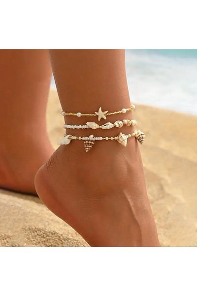 Home Set of 3 Seashell Anklets – Ocean Themed, Starry and Beaded Beach Anklets