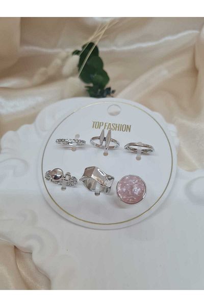ZEYM Set of 6 Silver Color Adjustable Rings – Minimal & Retro Design