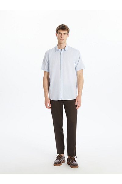 LC Waikiki Southblue Blue Regular Fit Short Sleeve Linen Blend Men's Shirt S5Ed23Z8Nvy25