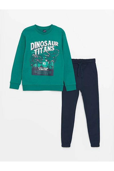 LC Waikiki Lcw Kids Green Crew Neck Printed Boys Tracksuit Set