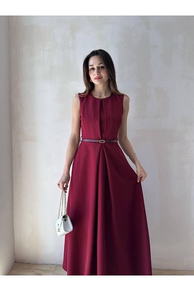 mafdress Women's Burgundy Zero Sleeve Crew Neck Belt Detail Evening Dress Homecoming Dress