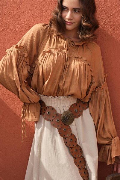 MODAGK Kadın Taba Renk Deri Madalyon Toka Kovboy Stil Tasarım Kemer