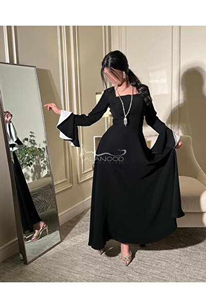 ALANOOD FASHION فستان اسود ناعم بـاكمام مميزة