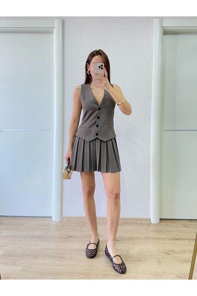 Kadınle Linen Suit Look Mini Dress with Button Detail Vest - Smoked