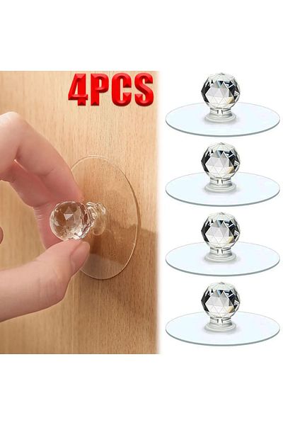 FBZhome Multi-Purpose 4-Piece Crystal Knob Self-Adhesive Drawer Handle Sticky Hanger Holder Organizer