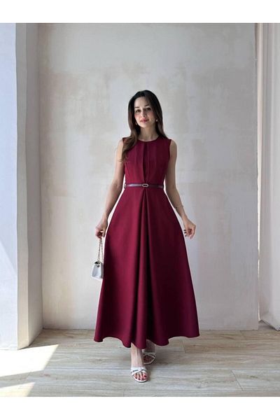 mafdress Women's Burgundy Zero Sleeve Crew Neck Belt Detail Evening Dress Homecoming Dress