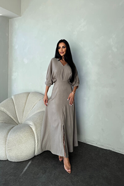 LİLA İSTANBUL Καλοκαιρινό φόρεμα μονόχρωμο με λαιμόκοψη με λεπτομέρεια μπαλόνι μανίκι γκρι