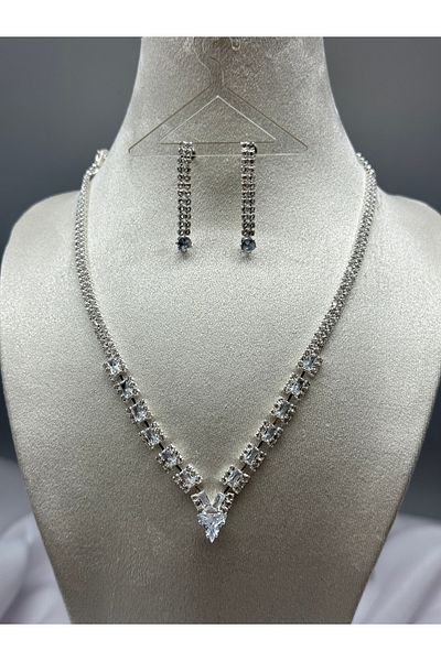 HADRA ACCESSORİES Triangle Model Zircon Waterway Evening Dress Necklace Earring Set Bridal Jewelry Set Engagement Set Wedding Set