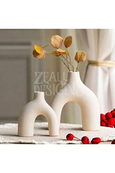 ZEALL DESIGNS Dekoratif İskandinav Tarzı Bohem Çatal Vazo 2li 15x9,5cm Beyaz