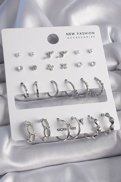 merland benvecocuk Brass Silver Color Zircon Stone 12 Pair Women Earring Set - Lisinya