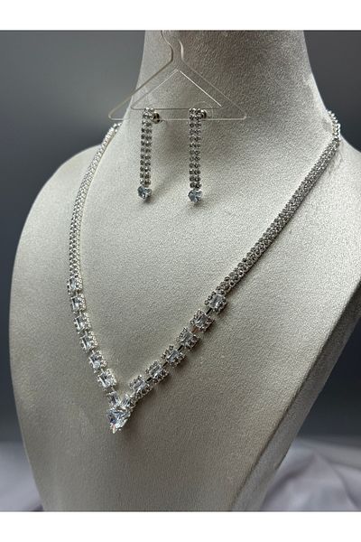 HADRA ACCESSORİES Triangle Model Zircon Waterway Evening Dress Necklace Earring Set Bridal Jewelry Set Engagement Set Wedding Set