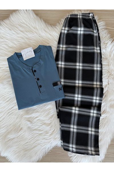 Pijamacs Set de pijamale pentru bărbați din bumbac cu mâneci scurte cu model în carouri albastre